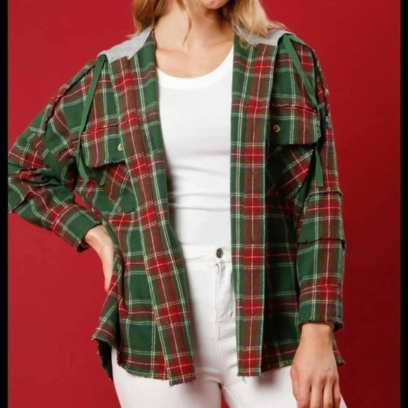 NEW Plaid Shacket Hoodie with Sequin Santa on Back - Picture 4 of 9